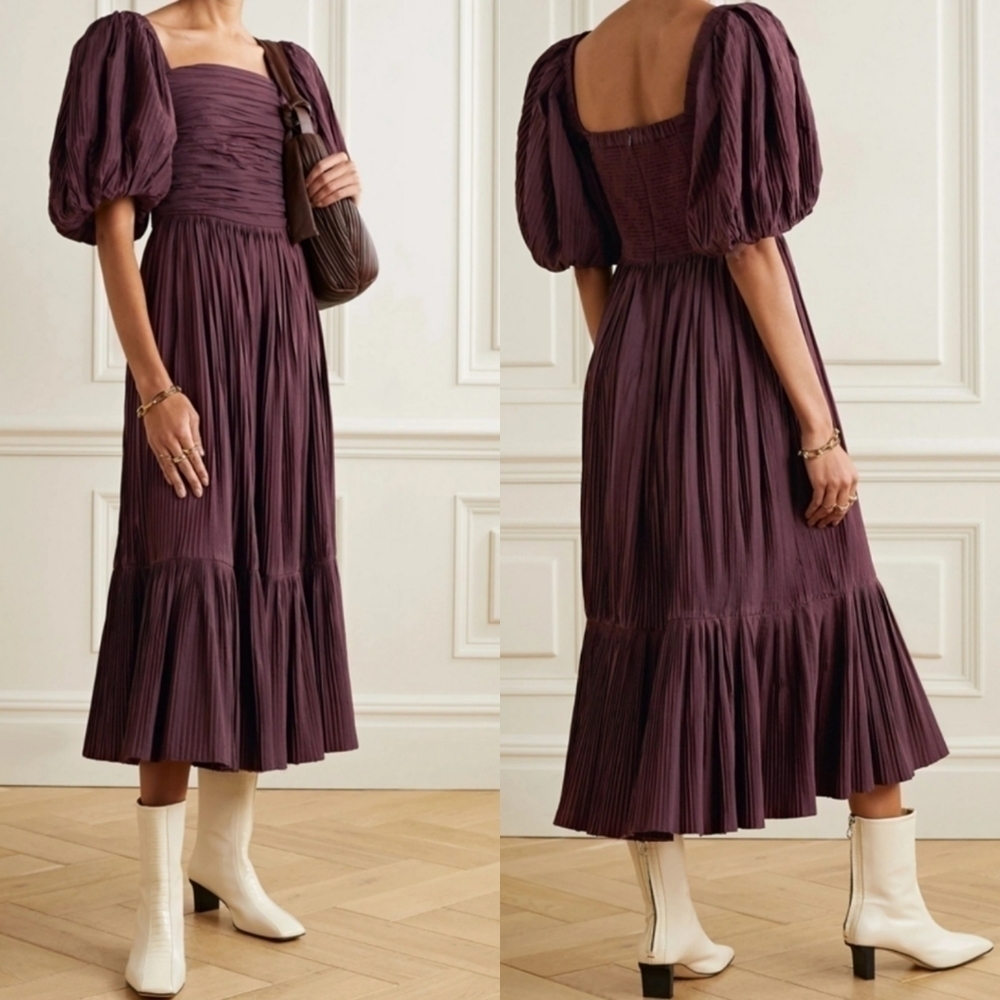 New Sea Nadja Tiered Pliss Taffeta Off-The-Shoulder Ruffle Mahogany Midi Dress